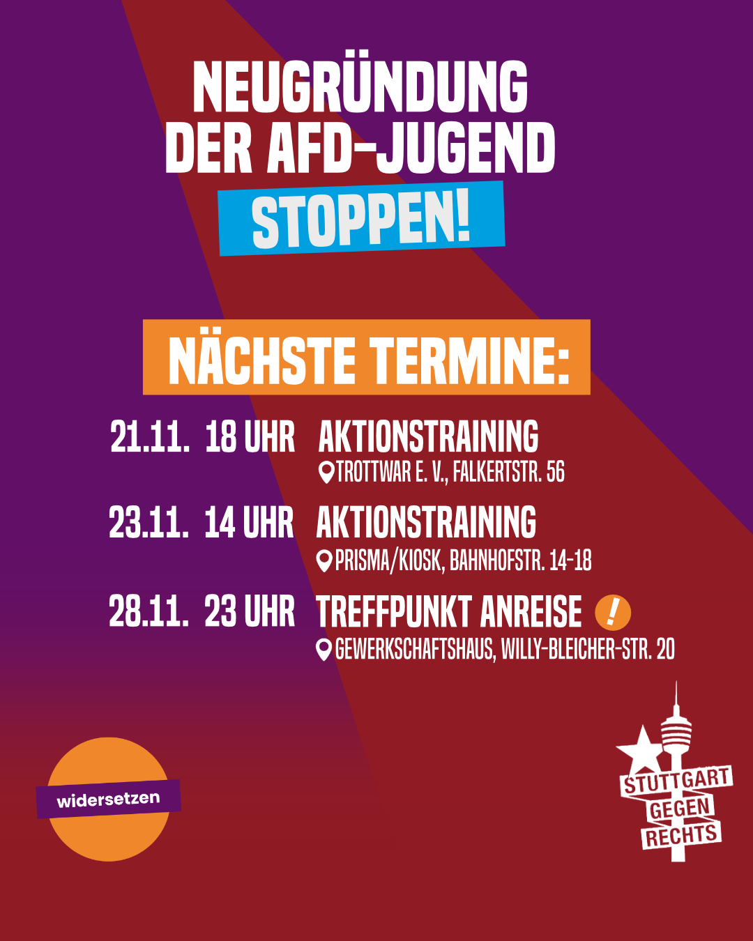 Sharepic mit den nächsten Terminen zu den Protesten gegen die Neugründung der Afd-Jugend in Gießen