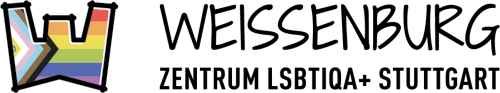 Als Burg stilisiertes "W" mit Inter-Pride-Flagge als Hintergrund. Daneben der Text "Weissenburg Zentrum LSBTIQA+ Stuttgart"