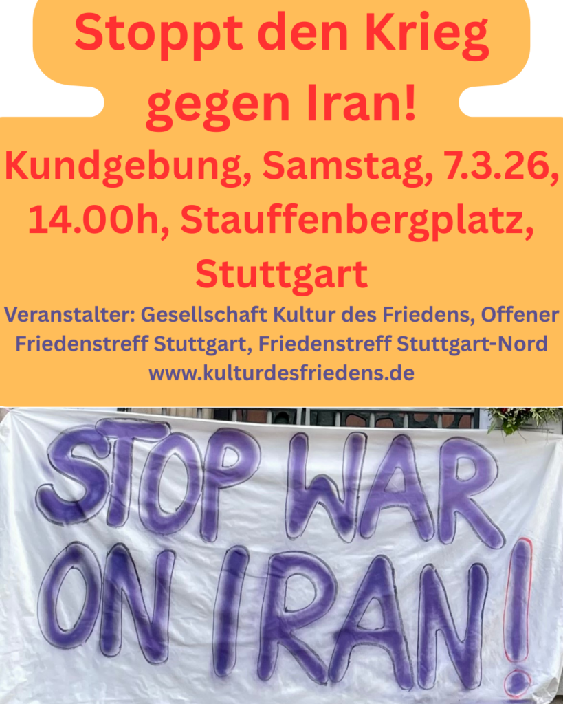 Text in roter und lila Schirft auf gelben Hintergrund, darunter ein Foto eines weißen Banner auf den in lila steht: STOP WA ON IRAN!