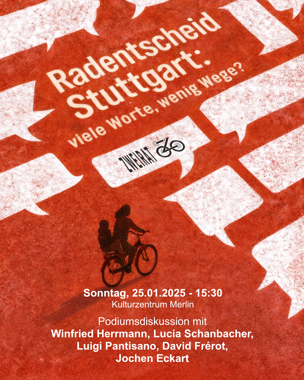 Radentscheid Stuttgart: viele Worte, wenig Wege? Sonntag  25.01.2026 - 15:30 Kulturzentrum Merlin Podiumsdiskussion mit Winfried Herrmann, Lucia Schanbacher, Luigi Pantisano, David Frérot, Jochen Eckart. Bild KI generiert. Sprechblasen auf rotem Boden.