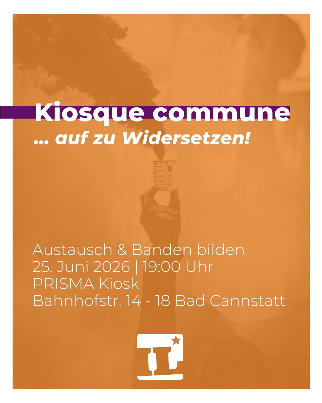 Sharepic mit den Infos zur Veranstaltung. Im Hintergrund eine Hand mit einem Rauchtopf in orangen Farbtönen.