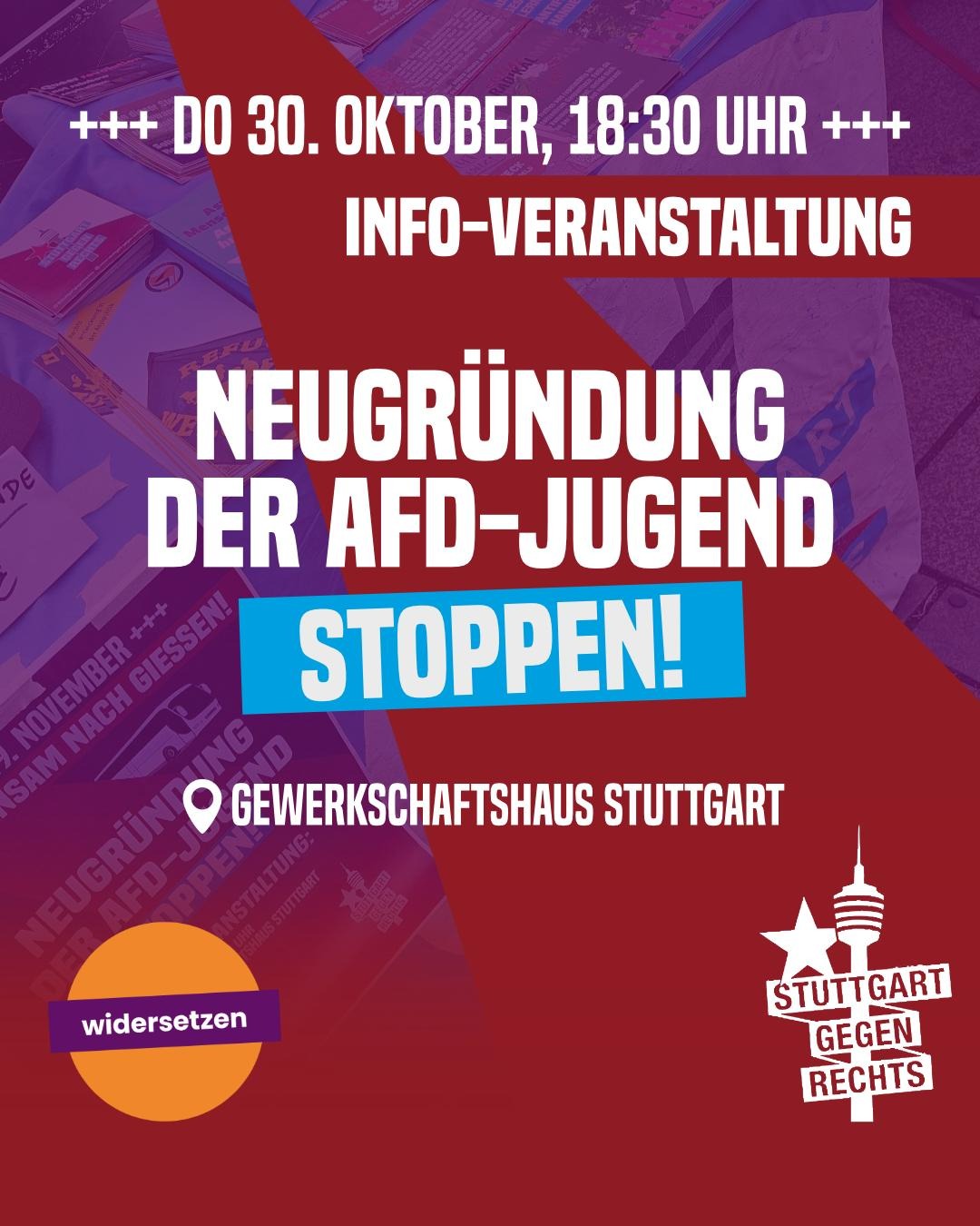 Sharepic in Rot und Lila mit widersetzn und Stuttgart gegen rechts Logo und Name der Veranstaltung, Datum und Ort