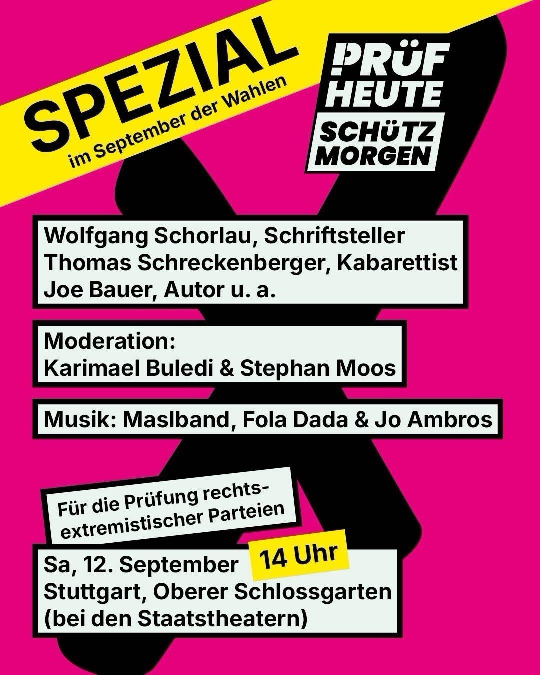 der flyer zur X spezial PRÜF! demo: ein großes X auf pinkem Grund, davor die Kernforderung "für die Prüfung rechtsextremistischer Parteien", sowie Ankündigungen zum Programm und Termin wie in der Beschreibung.