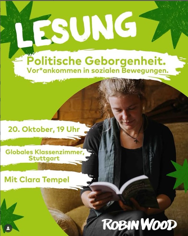 Flyer mit Ankündigungstext für obige Veranstaltung und Bild von Clara Tempel, lesend in ihrem Buch.