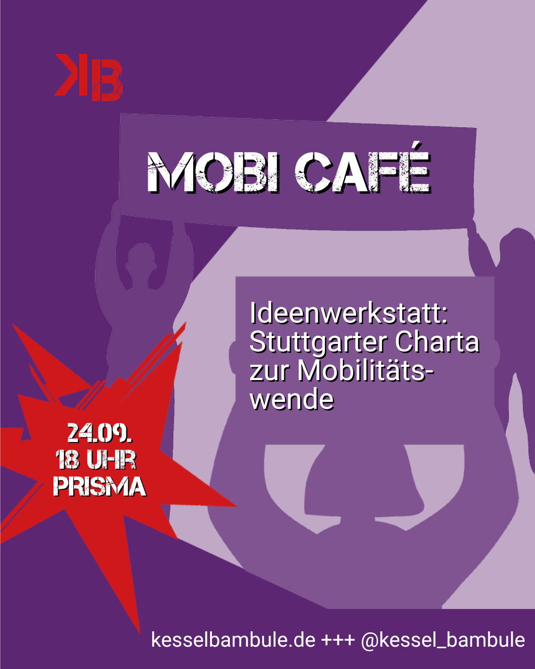 Stilisiere Umrisse von Menschen die Schilder hochalten mit den Infos zur Veranstaltung und ein roter Stern mit Datum und Veranstaltungsort