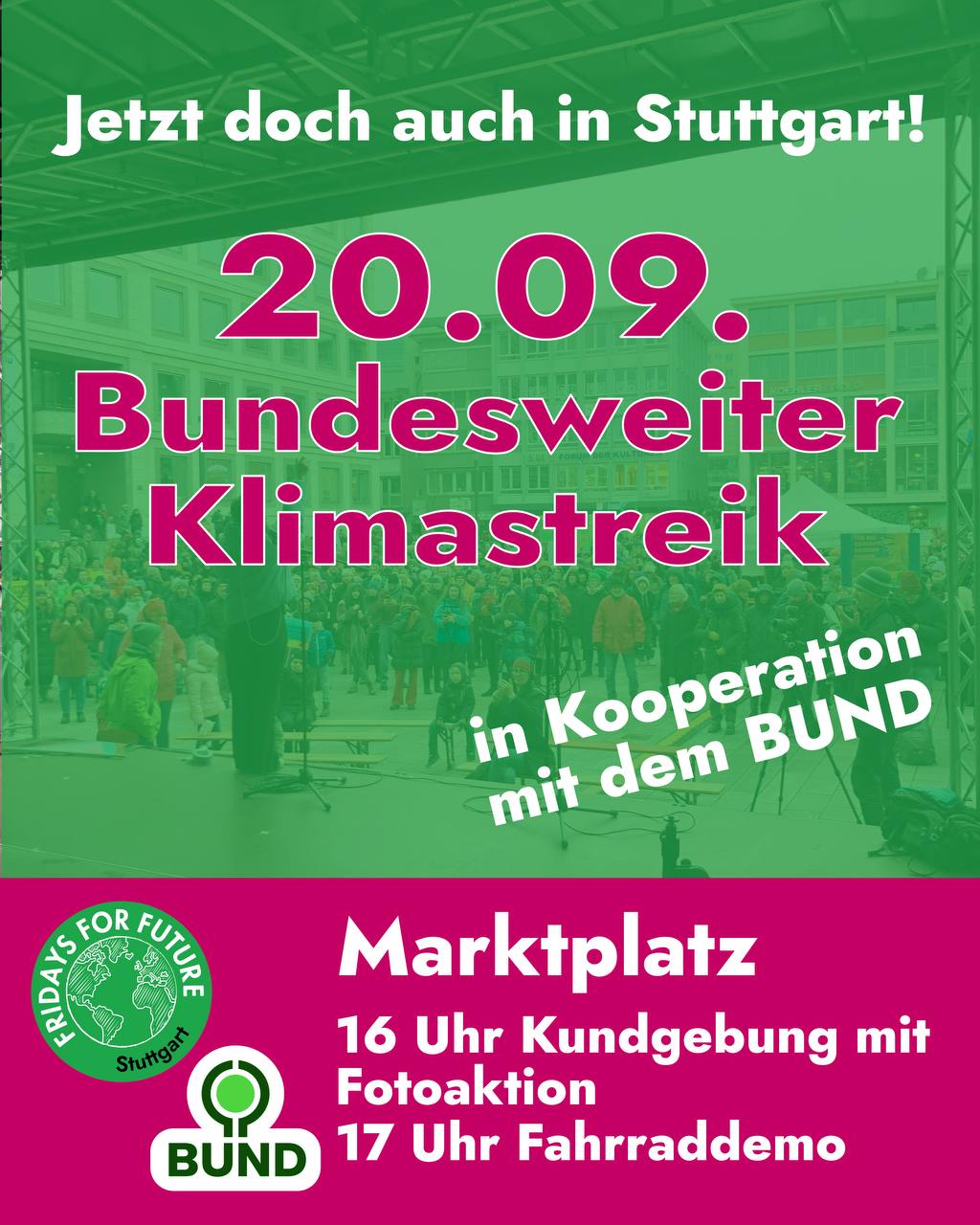 Es ist ein Sharepic in grün-pink zu sehen, auf dem die wichtigsten Informationen zu dem Tag stehen. Halb transparent ist im Hintergrund eine Demonstration zu sehen.
