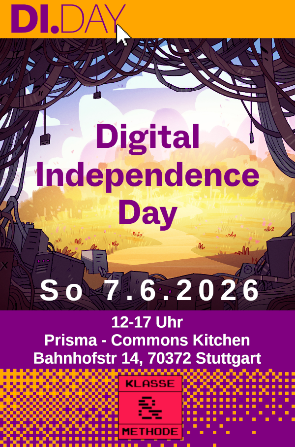 Sharepic mit Di.Day Logog, Klasse & Methode Logo und den Daten zum Treffen. Im Hintergrund eine Comi Grafik mit Wiese und Kabeln