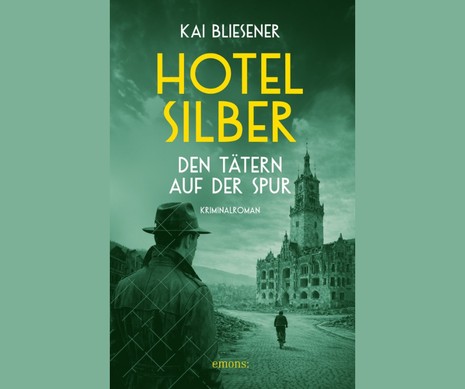 Buchcover des Kriminalromans zeigt eine männliche Figur mit Hut und Mantel im Vordergrunf, im Hintergrund eine Ruinenlandschaft