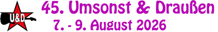 Umsonst und Draußen Logo Roter Stern mit E-Gitarre und Namenskürzel U&D. Daneben der Schriftzug 45. Umsonst & Draußen, 7. bis 9. August 2026