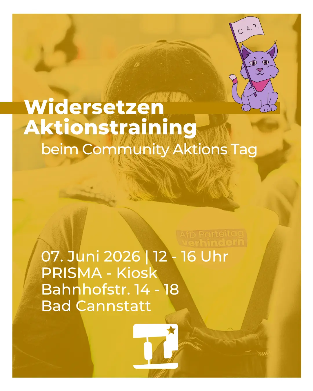 Sharepic mit den wichtigen Infos zur Veranstaltung. Im Hintergrund befindet sich ein gelb eingefärbtes Bild einer Widersetzen Aktivist*in