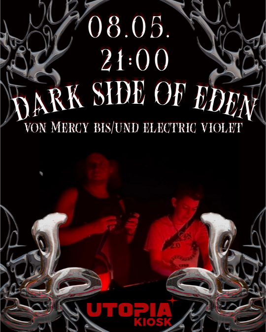 Zwei Menschen im roten Licht an einem DJ Pult. Chrom-Elemente im Hintergrund und zwei Chrom-Schlangen im Vordergrund. Der Titel "DARK SIDE OF EDEN" steht im oberen drittel des Bildes.