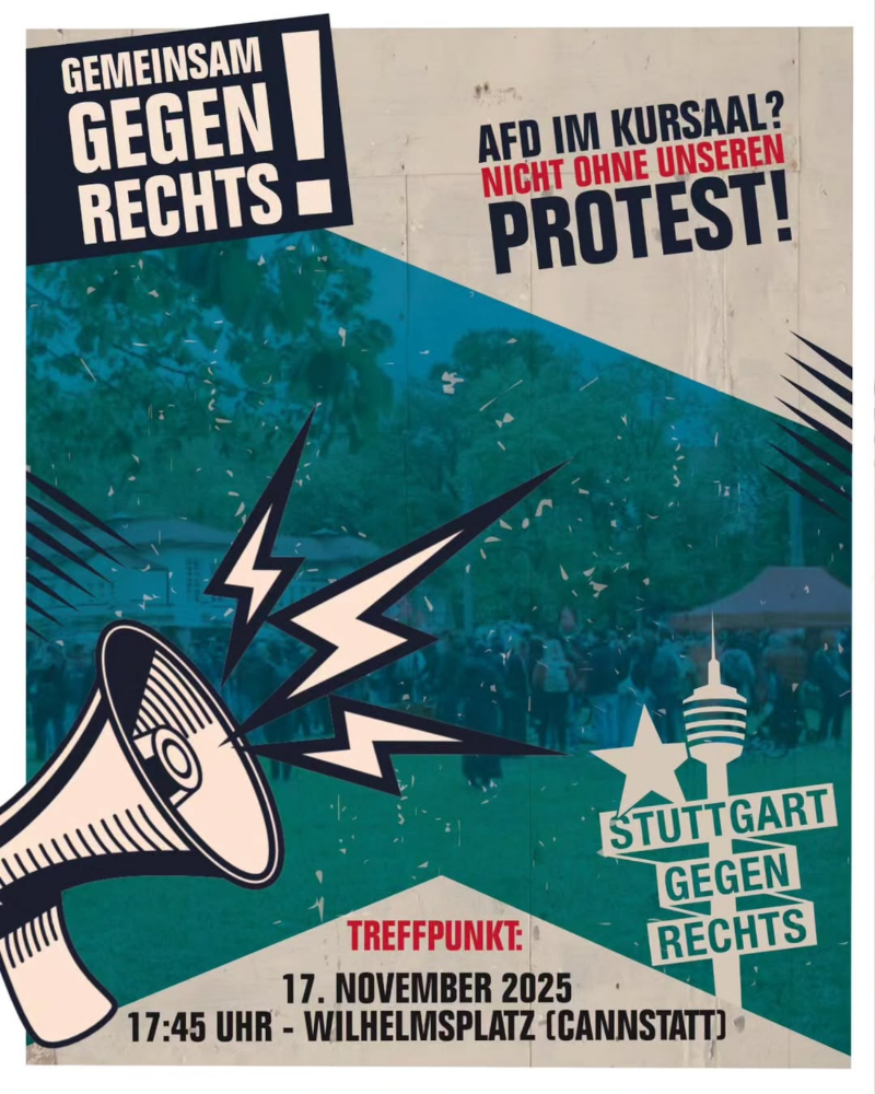Sharepic mit allen Infos. Im Voerdergrund Megafon-Grafik, im Hintergrund ein Foto von vergangenem Protest in Cannstatt