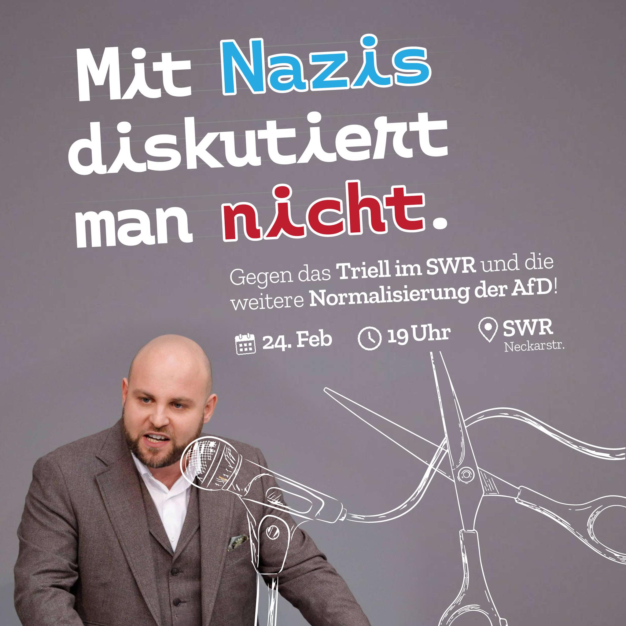 Sharpic für die Kundgebung "Mit Nazis diskutiert man nicht". Enthält die Daten und ein Bild von Markus Frohnmeier, ein stilisiertes Mikrofon dem mit einer Schere das Kabel durchgeschinitten wird.