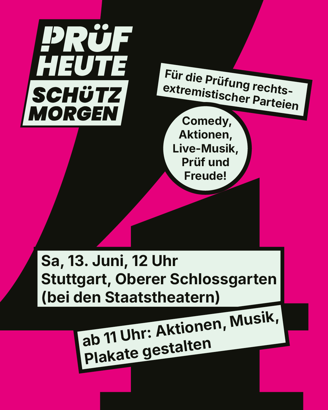 Sharepic zur PRÜF-Demo am 9. Mai um 12 Uhr im Oberen Schlossgarten in Stuttgart
