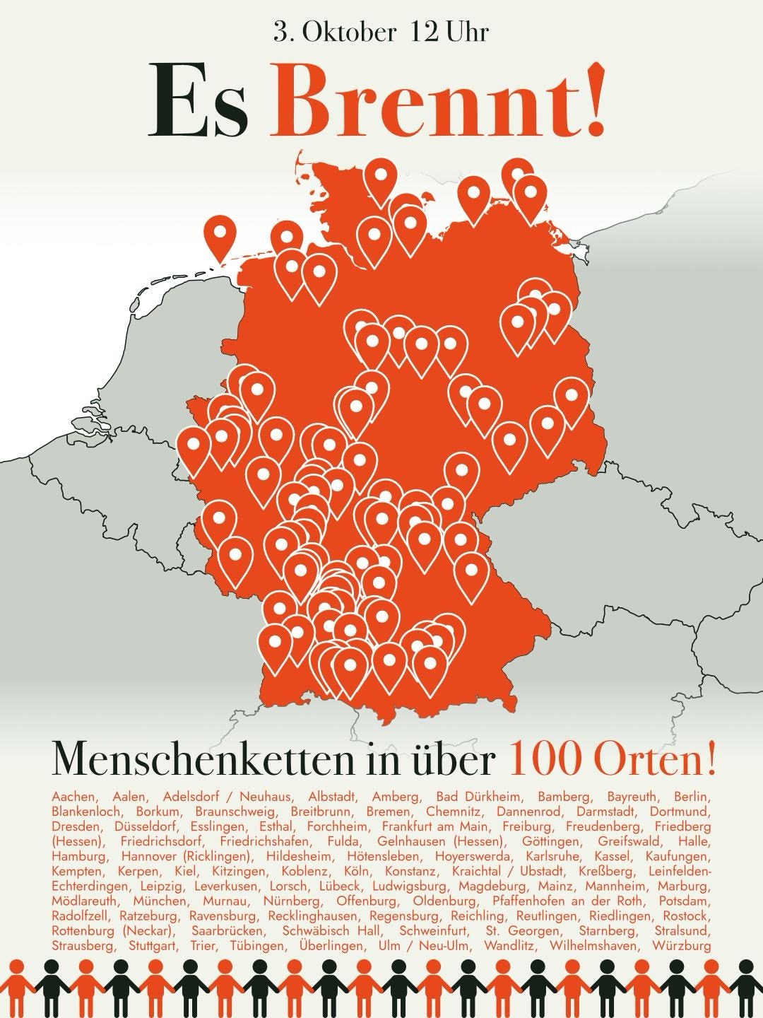 3. Oktober 12 Uhr Es Brennt! Karte von Deutschland mit über 100 Standortmarkierungen wo Menschenketten stattfinden.