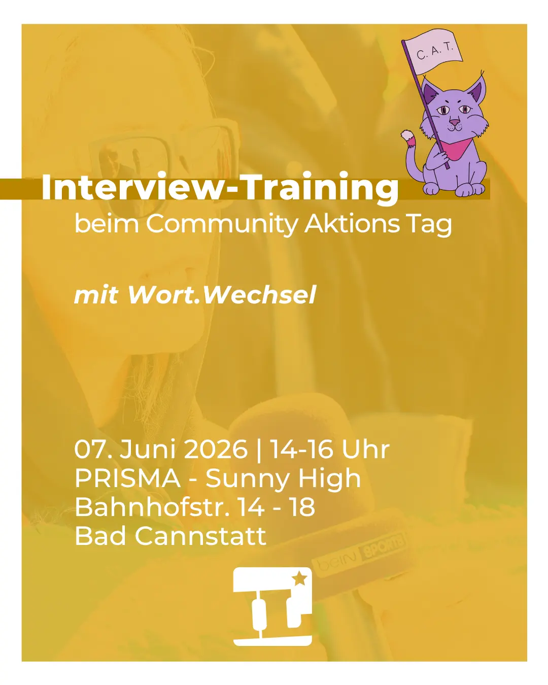 Sharepic mit alle nInfos der Veranstaltung. Im Hintergrund eine Person mti Mikrofon in gelbtönen.