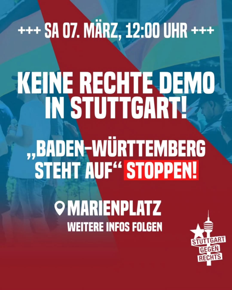 Sharpic mit den Daten, Demo mit Deutschlandfahnen im Hintergrund