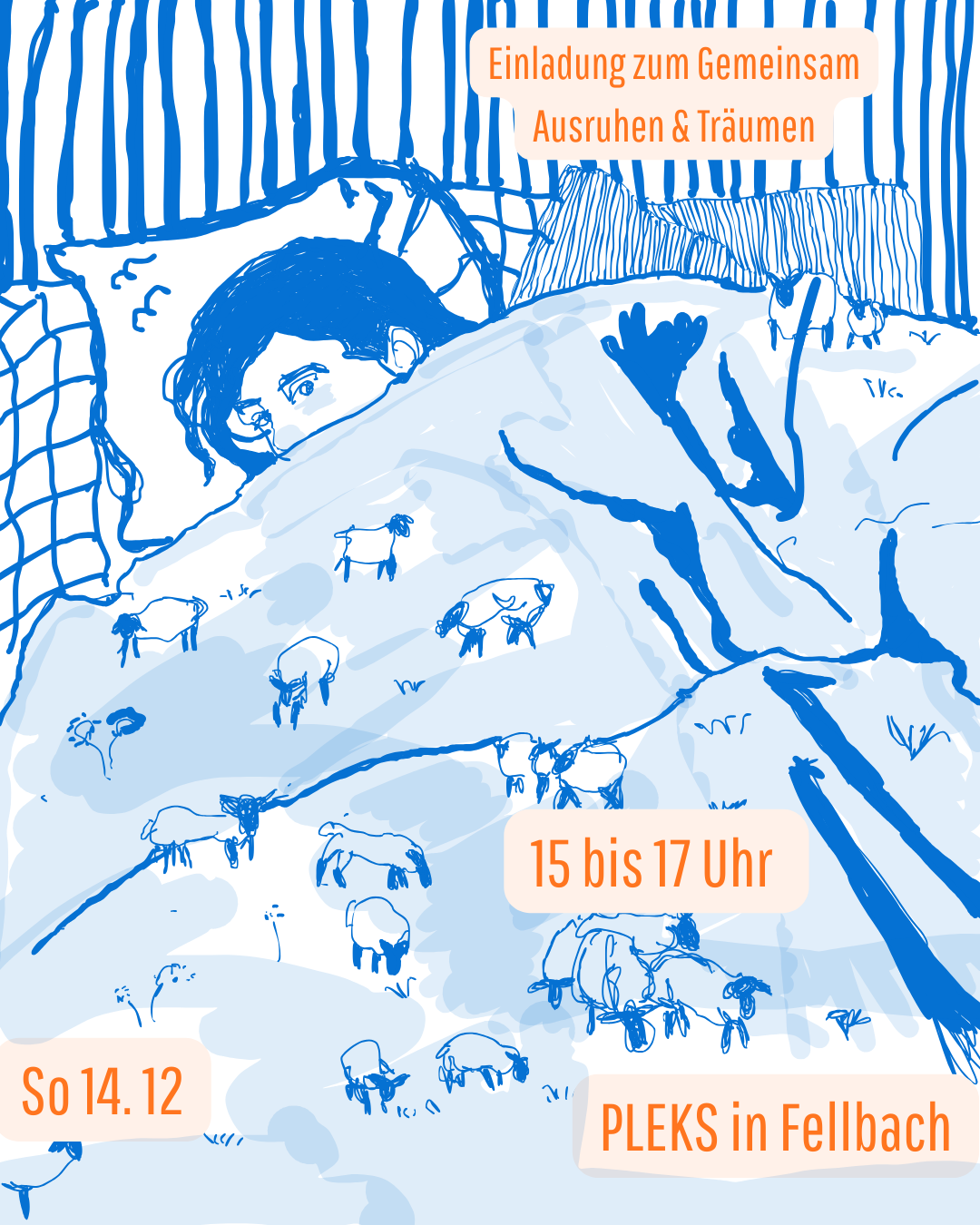 Das Bild zeigt eine gezeichnete Person im Bett liegend, halb schlafend und verträumt. Die Decke ist gleichzeitig eine Landschaft mit vielen kleinen Schafe, die friedvoll auf ihr weiden.