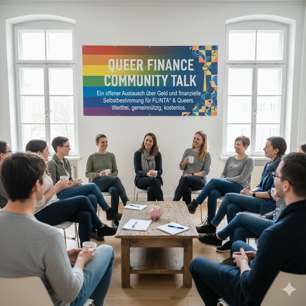 Gruppe von queeren Menschen die im Stuhlkreis sitzen und sich über Finanzen unterhalten