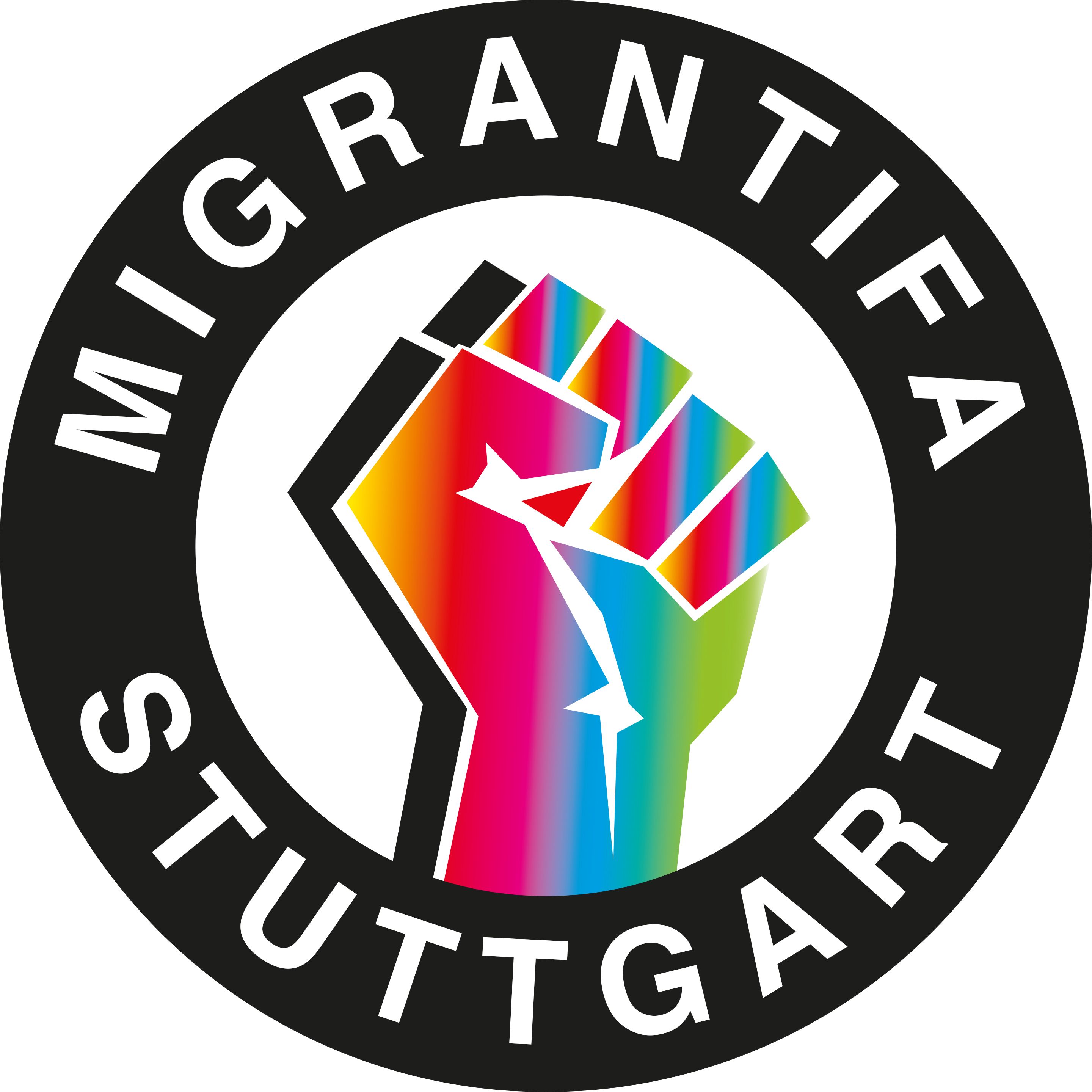 Bunte Faust in der Mitte und im Kreis drumrum geschrieben steht Migrantifa Stuttgart