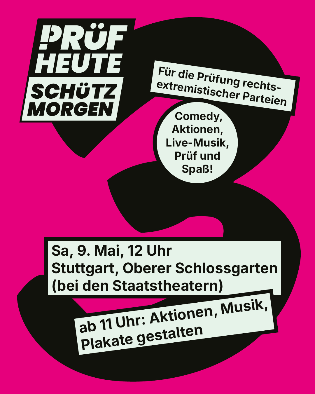 Sharepic zur PRÜF-Demo am 9. Mai um 12 Uhr im Oberen Schlossgarten in Stuttgart