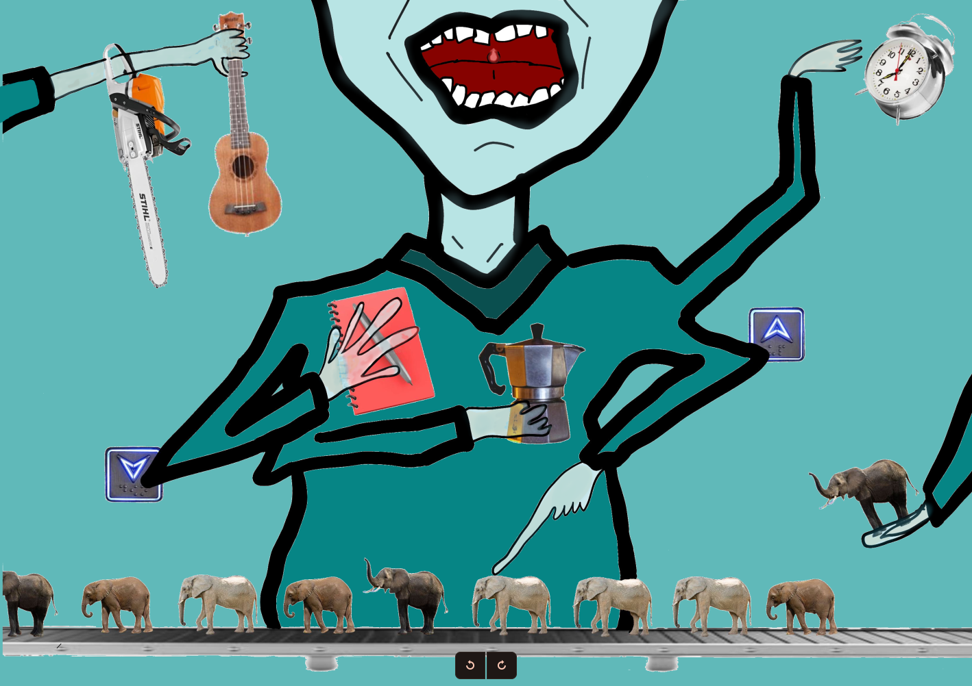 Grafik einer schreienden Person mit vier Armen, die verschiedene Objekte und Aufgaben zu händeln versucht