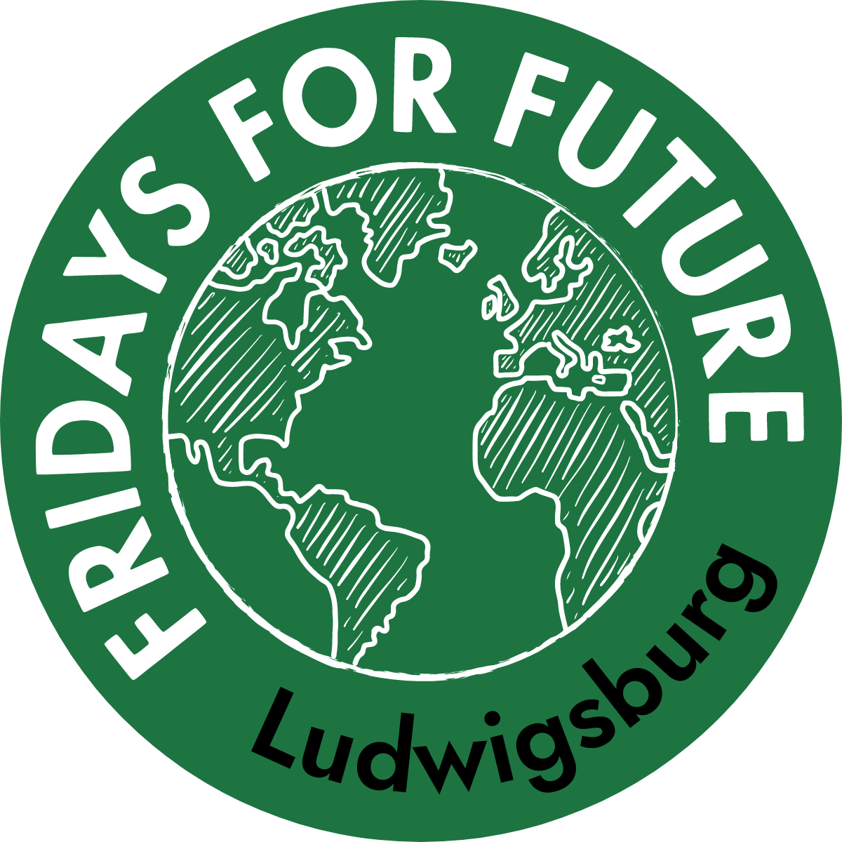 Logo: kreisrund und in grün gehalten gibt es einen inneren und äußeren Kreis. Im inneren Kreis ist eine vereinfachte Darstellung von unserem Globus und im äußeren Kreis sieht man die Schrift Fridays for Future Ludwigsburg