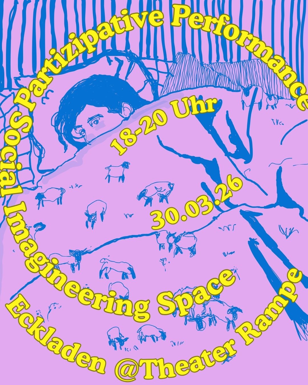 Schlafende Person, auf der Decke weiden kleine Schäfchen. auf dem bild steht Social Imagineering Space. Partizipative Performance.