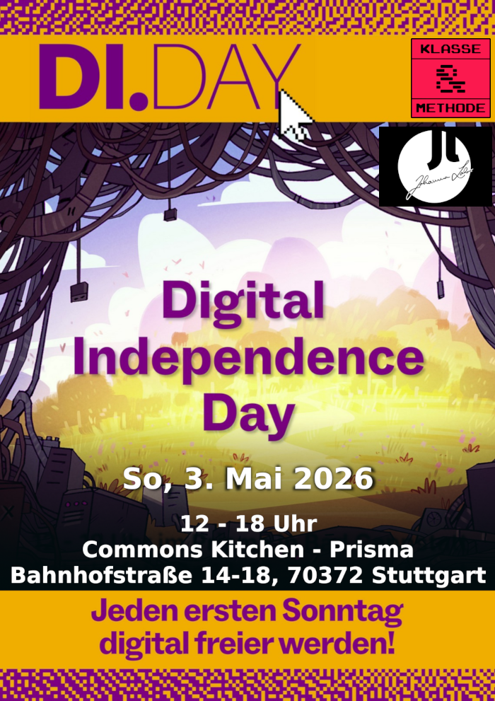 Sharepic mit Di.Day Logog, Klasse & Methode Logo und den Daten zum Treffen. Im Hintergrund eine Comi Grafik mit Wiese und Kabeln