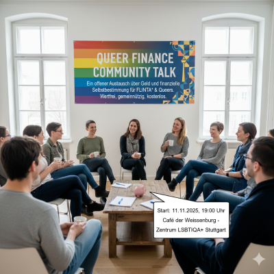 Gruppe von queeren Menschen die im Stuhlkreis sitzen und sich über Finanzen unterhalten
