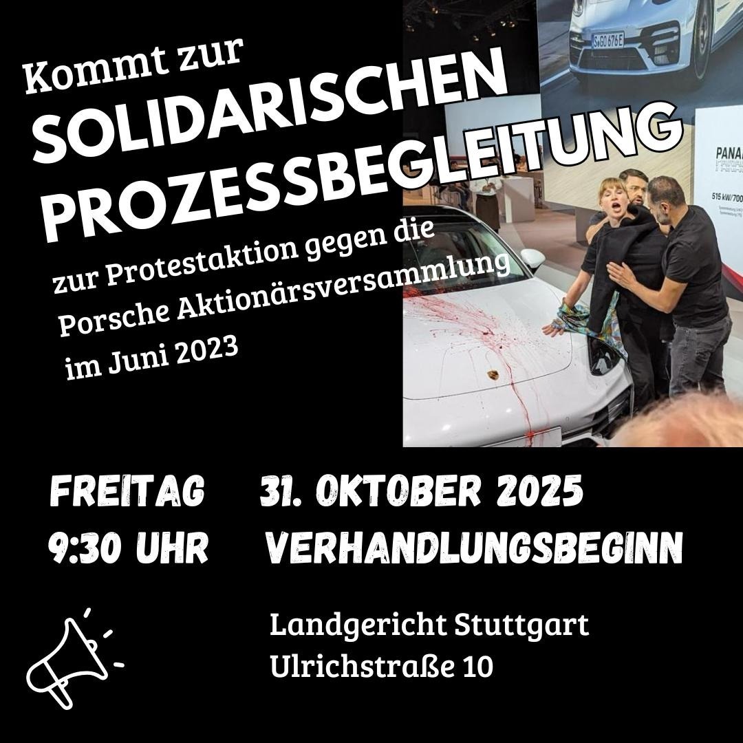 Flyer mit Termin und Adresse und Foto der Aktion. Es zeigt einen blutüberströmten Porsche