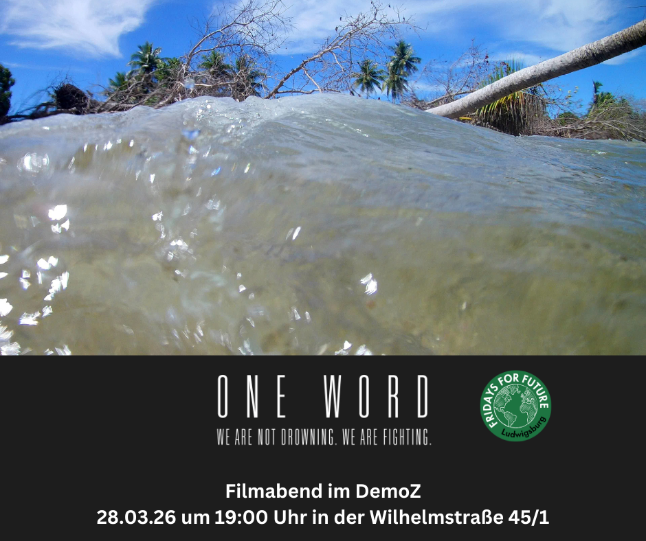 Auf dem Foto ist gut sichtbar, wie das Wasser sher hochgestiegen ist und das gerade so noch sichtbare Land bedroht. Unten ist eine schwarze Banderole auf welcher der FIlmtitel; One Word. We are not drowning. we are fighting zu sehen ist. Zusätzlich stehen noch die Infos dass der Filmabend am 28.3.26 um 19:00 Uhr in der Wilhelmstraße 45/1 stattfindet. 