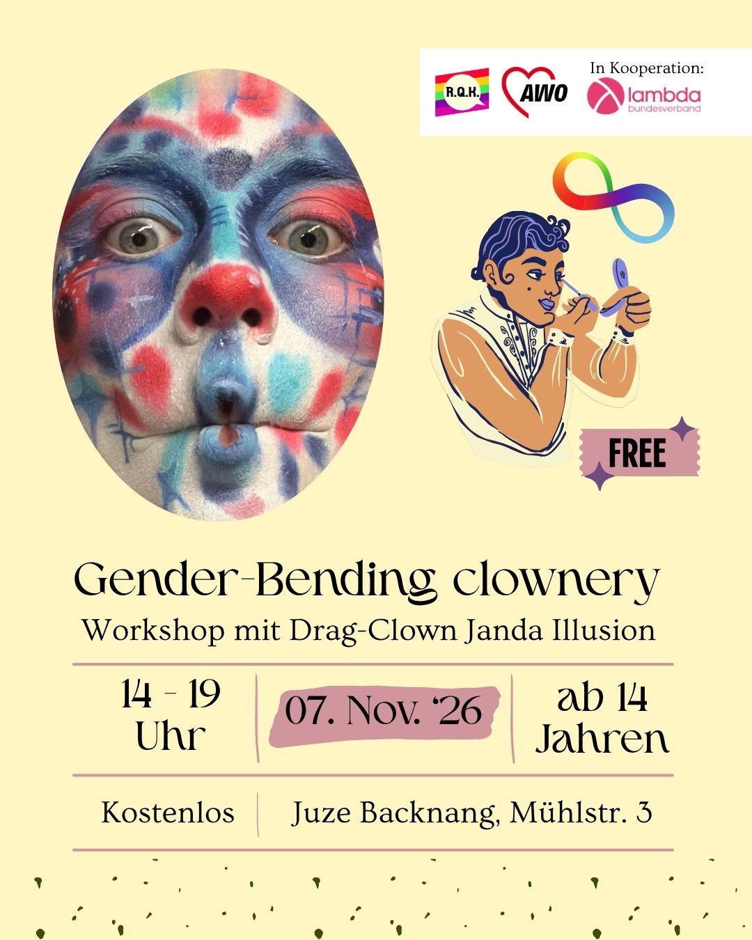 Sharepic mit buntem wolkigem Hintergrund. Davor steht als Überschrift: "Rems-Queer-Kreis. Offener Treffe für queere junge Menschen im Rems-Murr-Kreis" Darunter sind zwei Emojis mit einem Kalender und einer Pinnnadel einer Karte. Neben dem Kalender steht: "Jeden 1. Samstag im Monat". Neben der Pinnadel einer Karte steht:"Mühlstraße 3, 71577 Backnang". Auf der rechten Seite ist das Logo des Rems-Queer-Kreis: eine Fahne mit fünf bunten Streifen sowie einer Sprechblase, in der die Initialen R.Q.K. stehen.