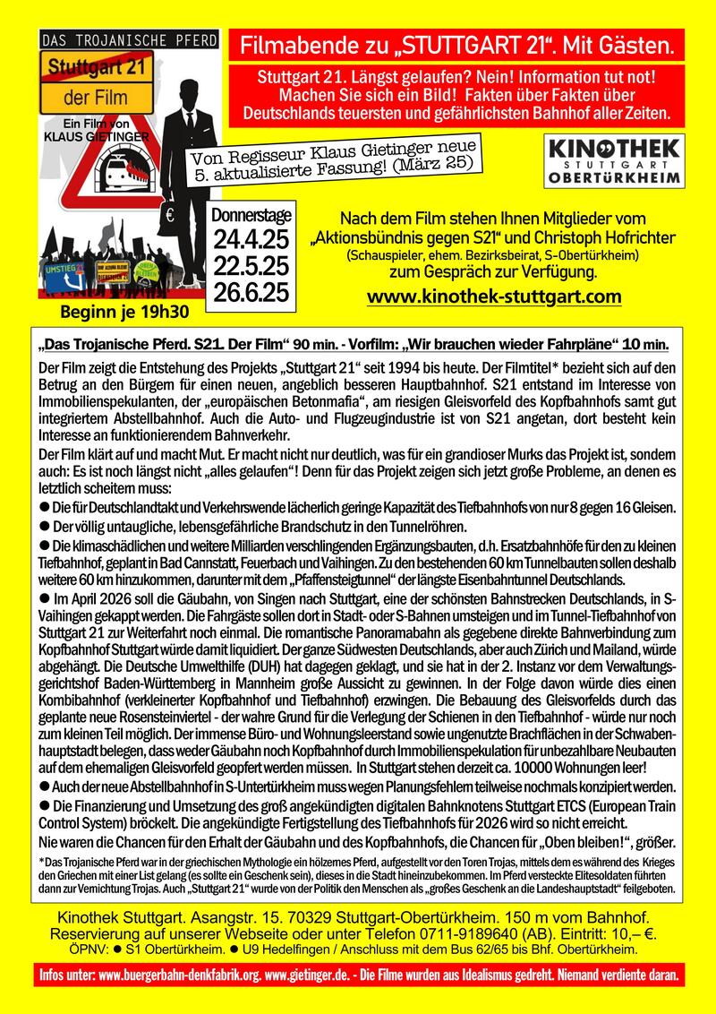 Plakat mit kurzer Inhaltsbeschreibung zum Projekt Stuttgart 21